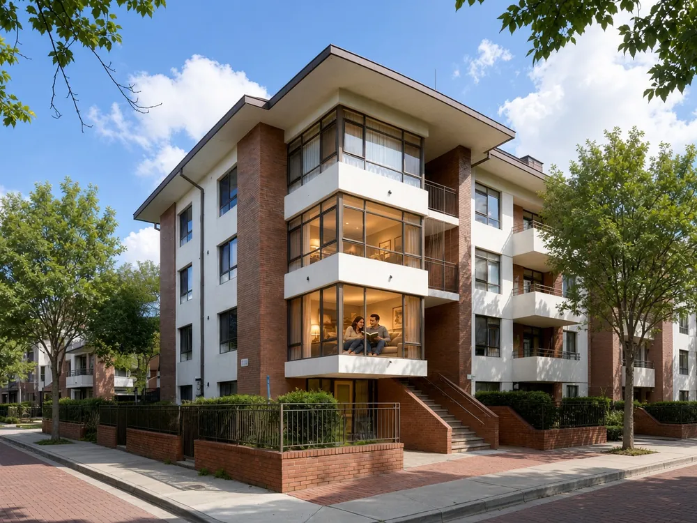 Brick and white apartment building with large corner windows on a tree-lined brick-paved street
