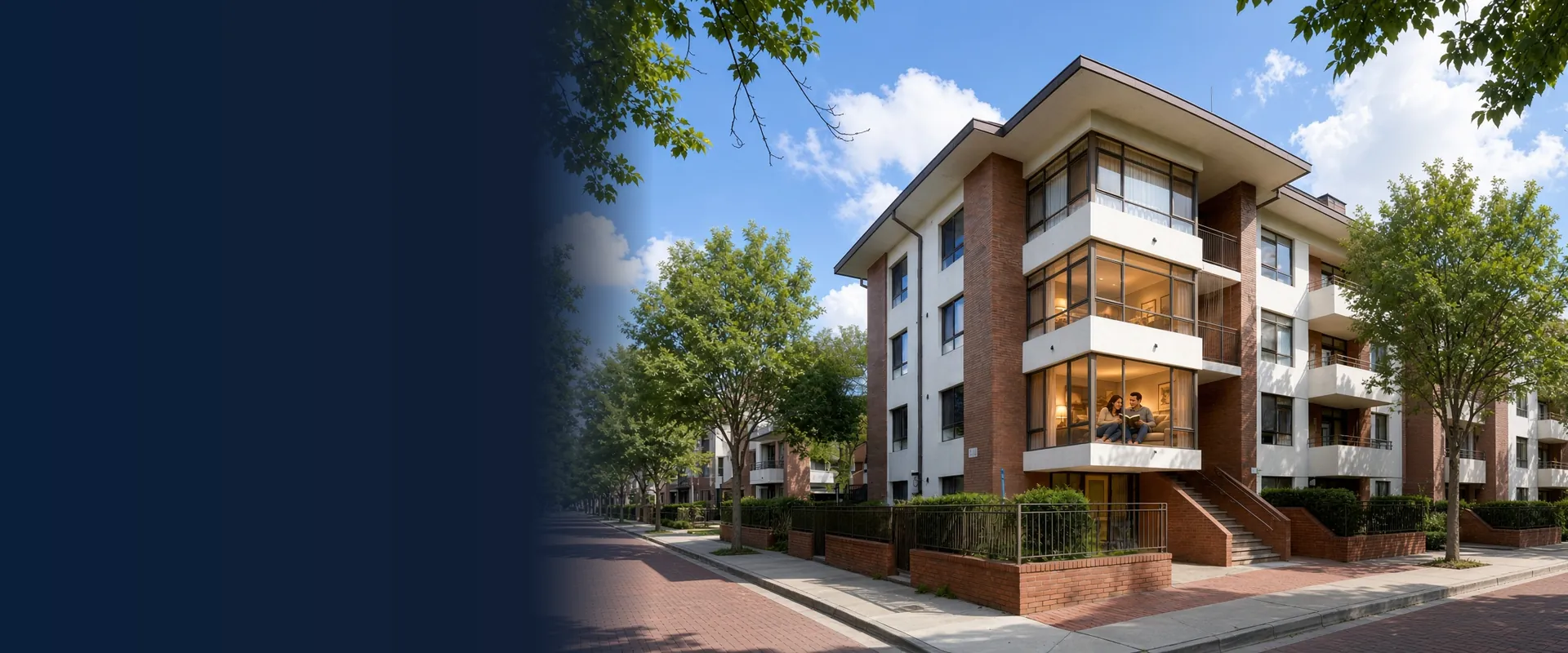 Brick and white apartment building with large corner windows on a tree-lined brick-paved street