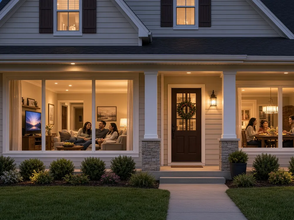House with a covered front porch at dusk, with a family relaxing in the living room and having dinner inside