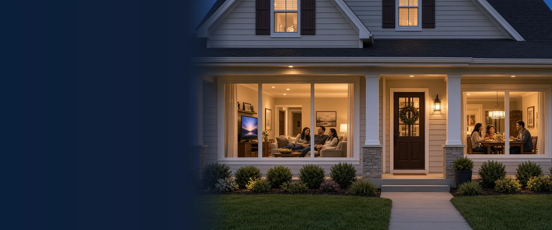 House with a covered front porch at dusk, with a family relaxing in the living room and having dinner inside