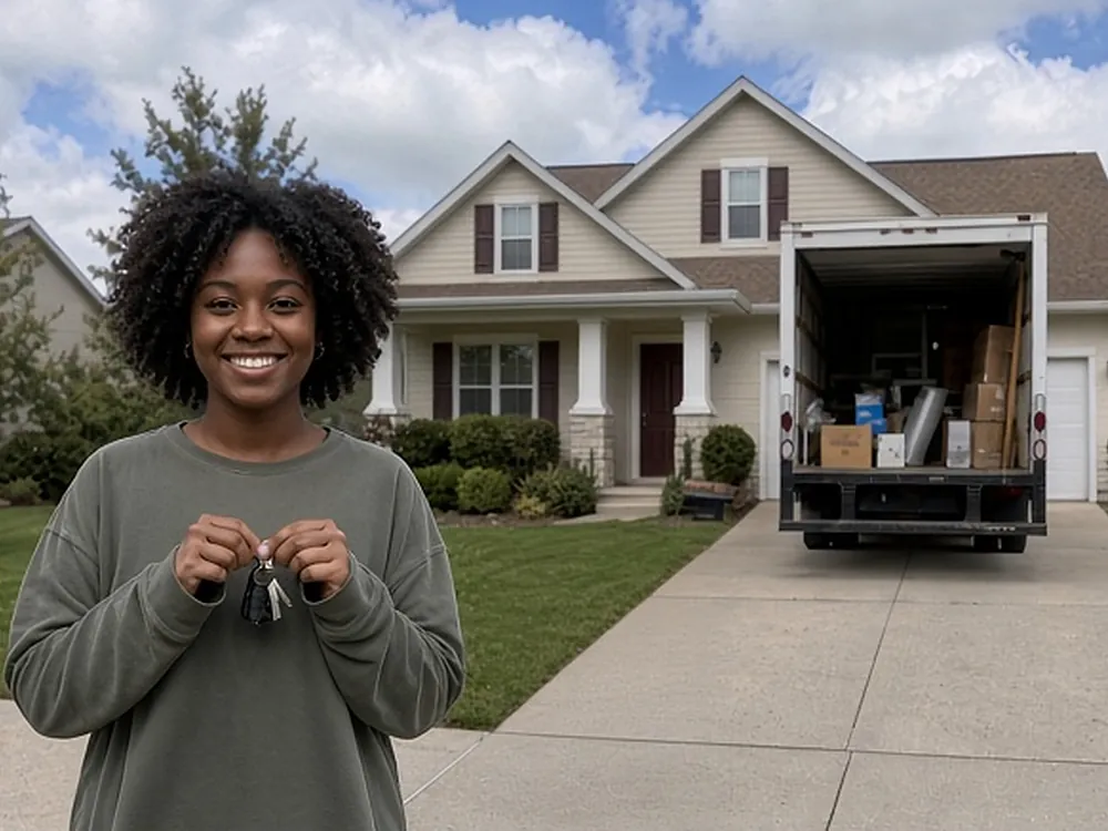 Smiling woman with curly dark hair holding up house keys in front of a two-story home, with a moving truck in the driveway