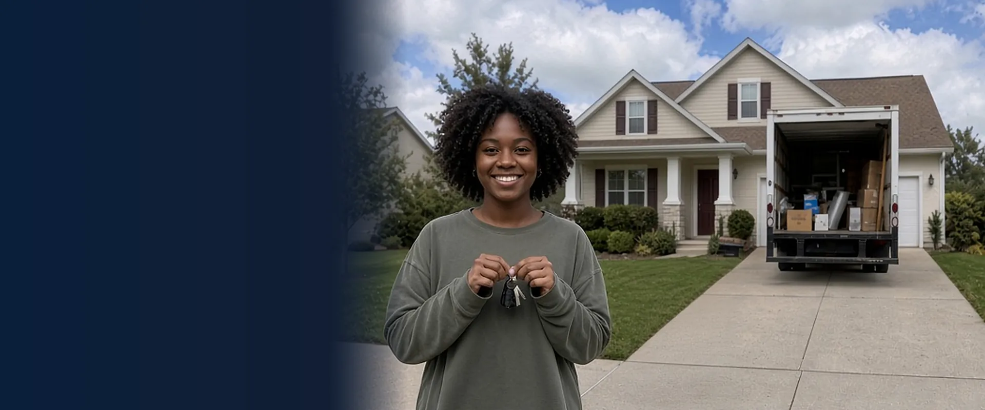 Smiling woman with curly dark hair holding up house keys in front of a two-story home, with a moving truck in the driveway