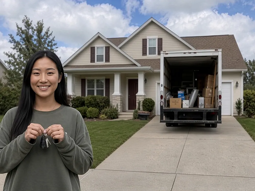 Smiling woman with long straight dark hair holding up house keys in front of a two-story home, with a moving truck in the driveway