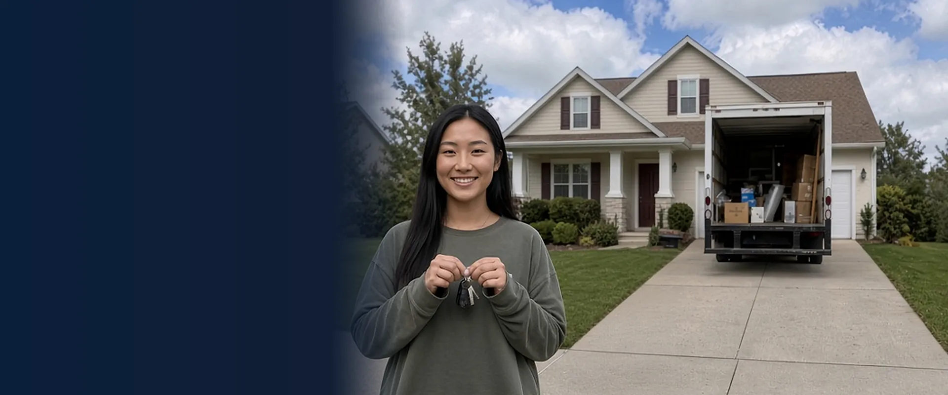 Smiling woman with long straight dark hair holding up house keys in front of a two-story home, with a moving truck in the driveway