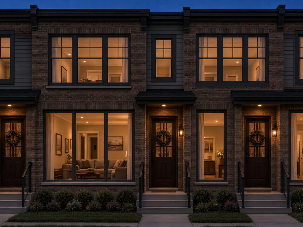 Row of brick townhouses at dusk with warmly lit windows, wreaths on the front doors, and people inside