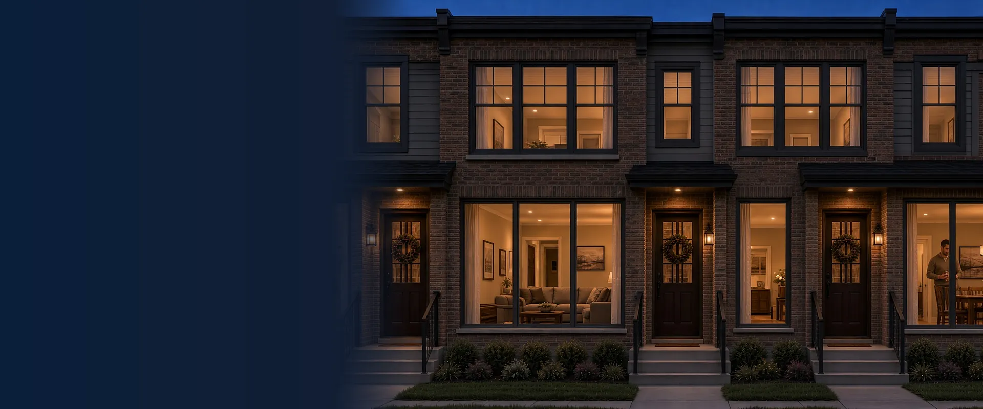 Row of brick townhouses at dusk with warmly lit windows, wreaths on the front doors, and people inside